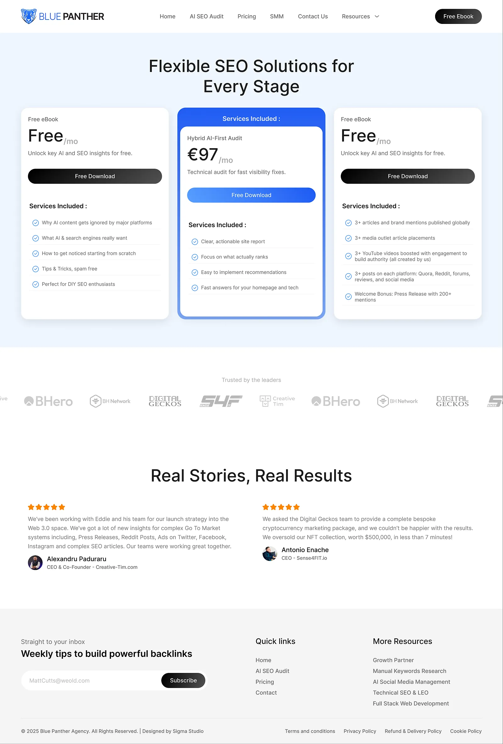 Blue Panther: pricing page with three plans
