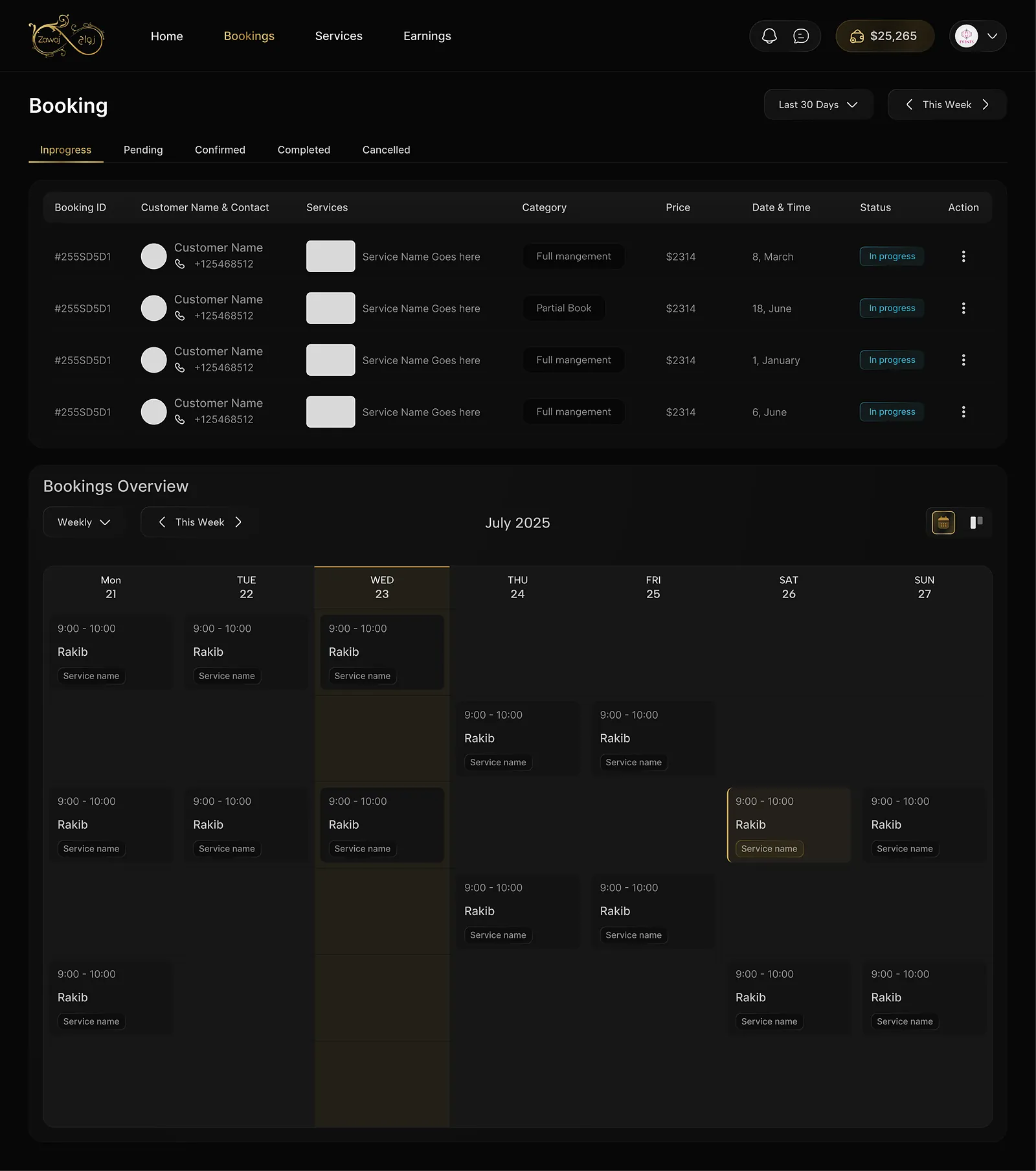 Bibaho: bookings with a weekly calendar