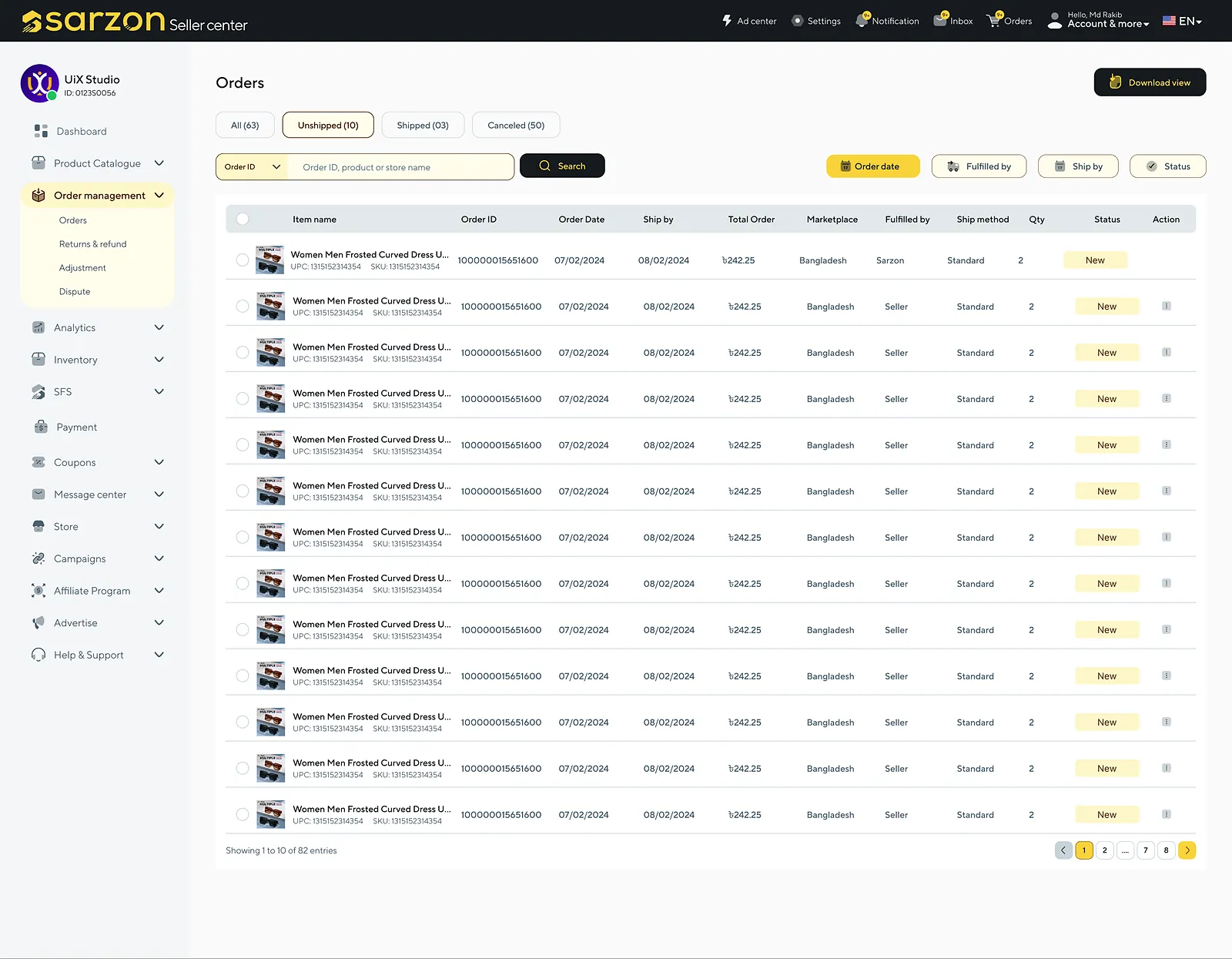 Sarzon: orders list with filters