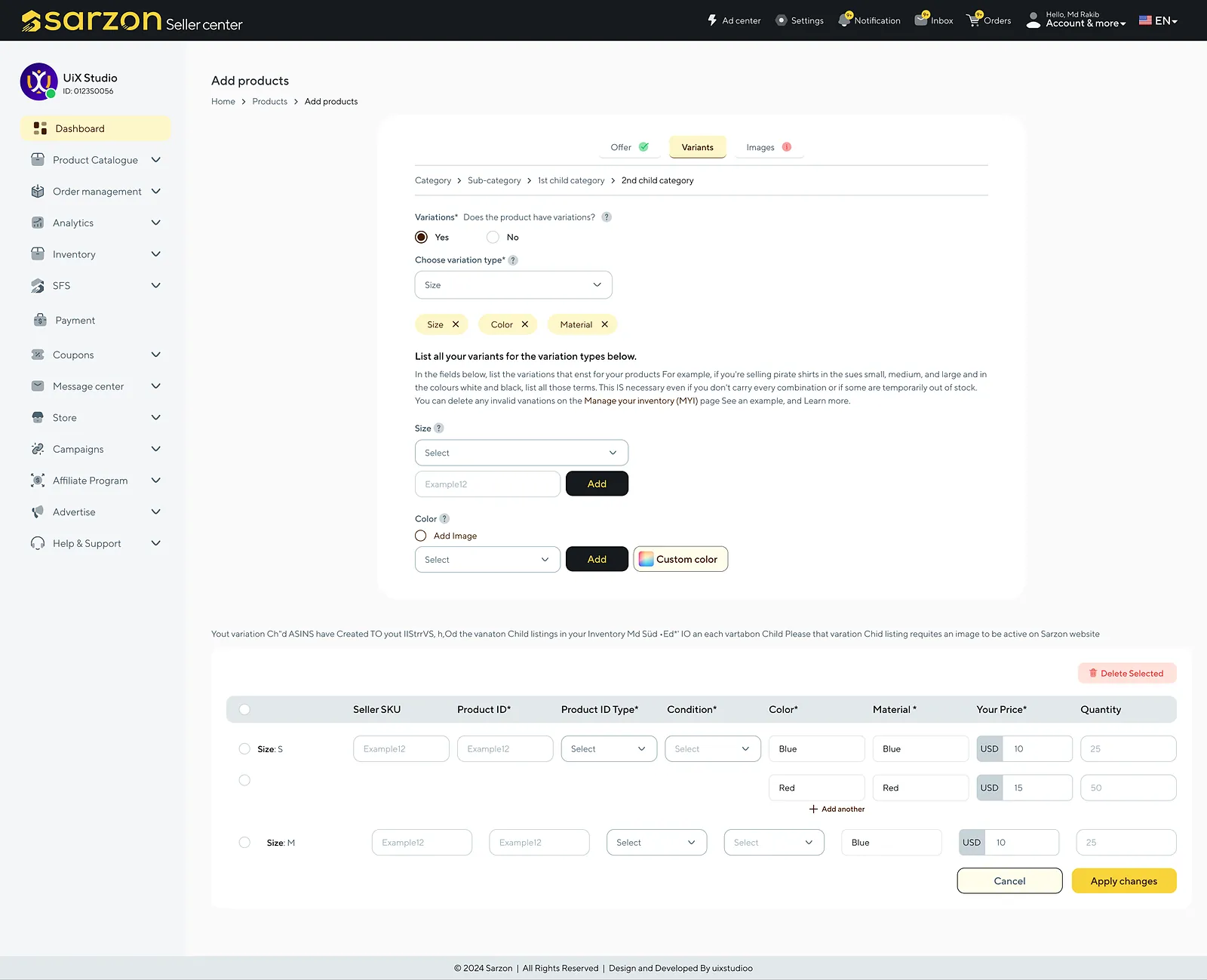 Sarzon: add a product: variants