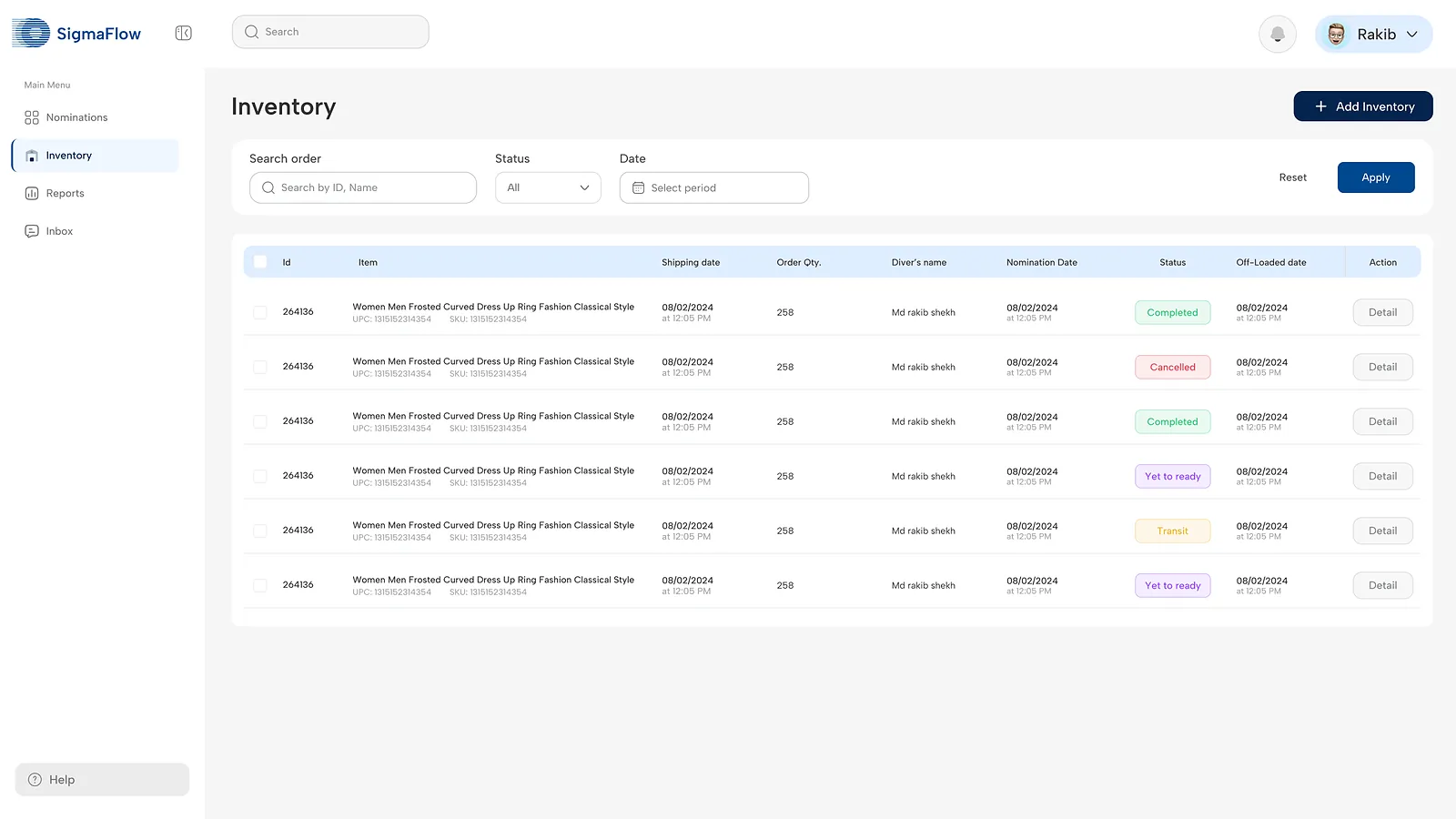 SigmaFlow: inventory list
