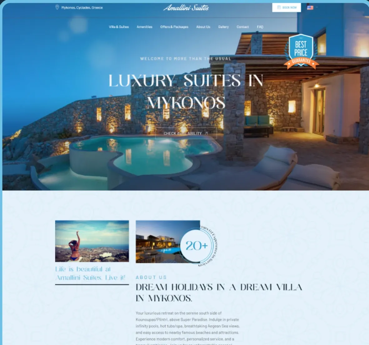 Landing page with the Mykonos villa hero