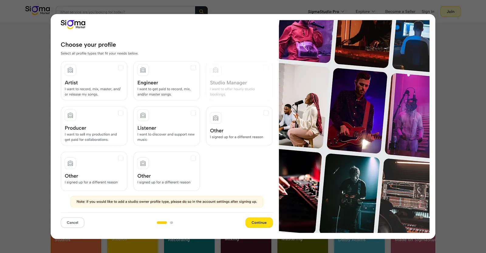 WavMasters: sign-up step 1: choose a profile type