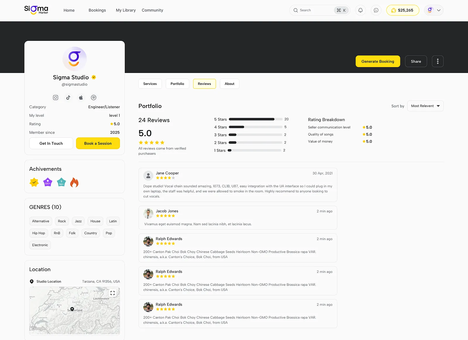 WavMasters: profile reviews tab with a rating summary