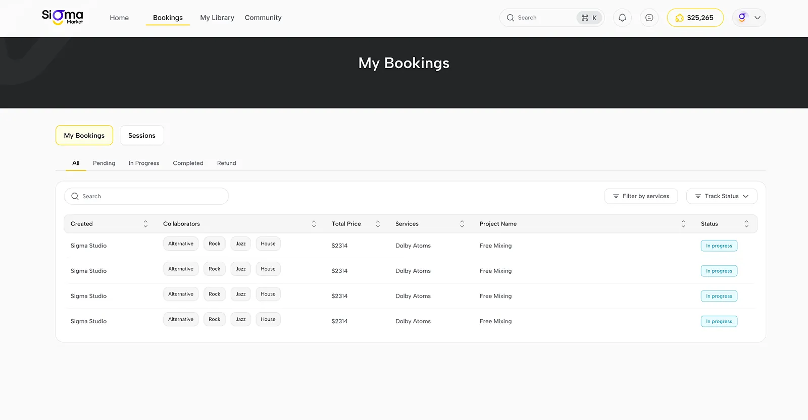 WavMasters: my bookings list