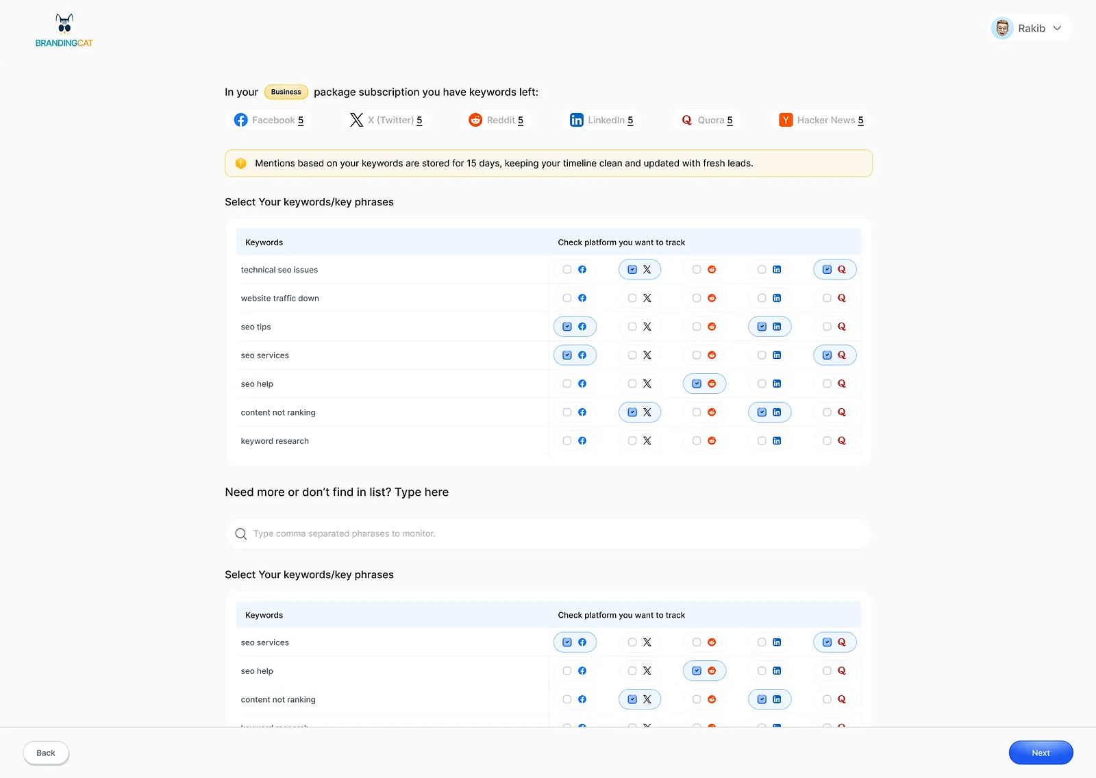 BrandingCat: onboarding questionnaire: keywords
