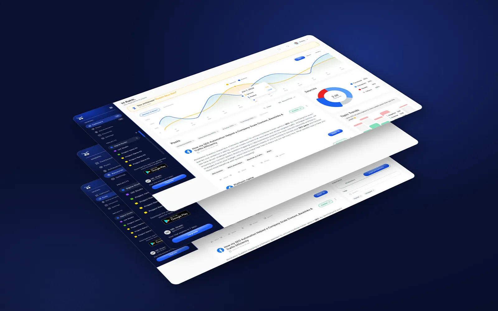 BrandingCat: posts, keywords and dashboard screens in a stack