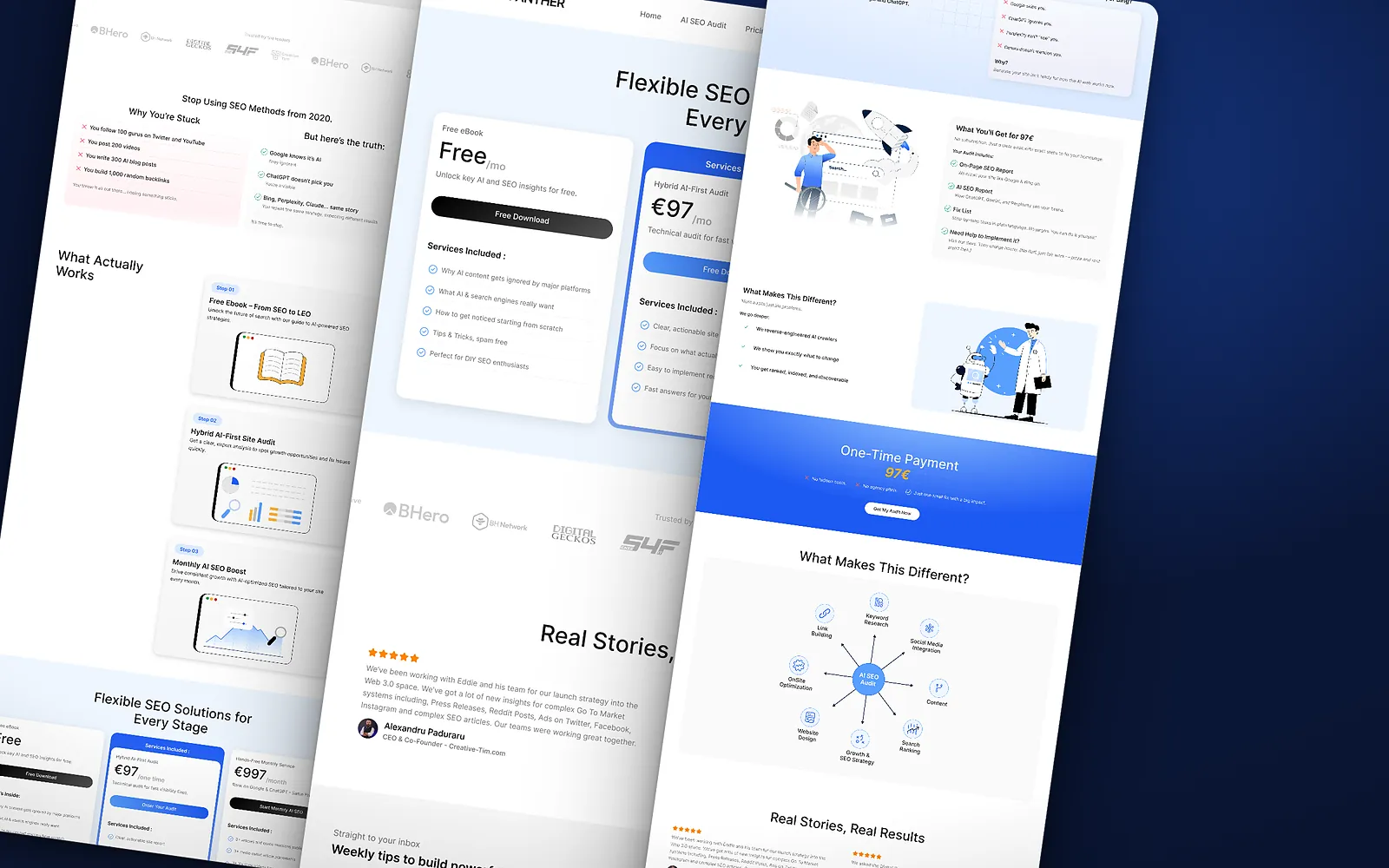 Blue Panther: homepage, pricing and AI SEO audit pages side by side