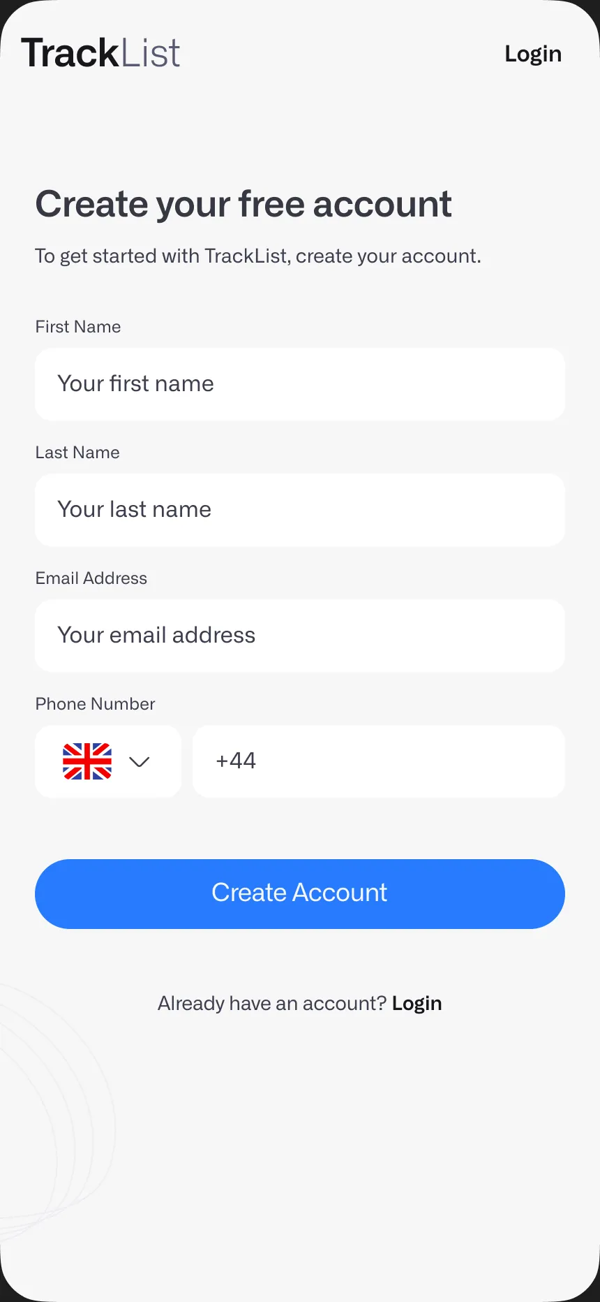TrackList: create an account