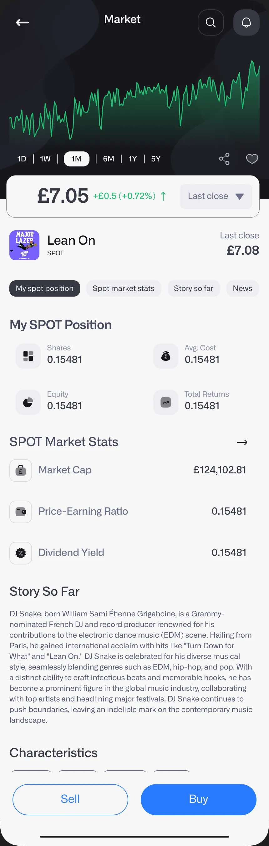 TrackList: trade screen with a price chart