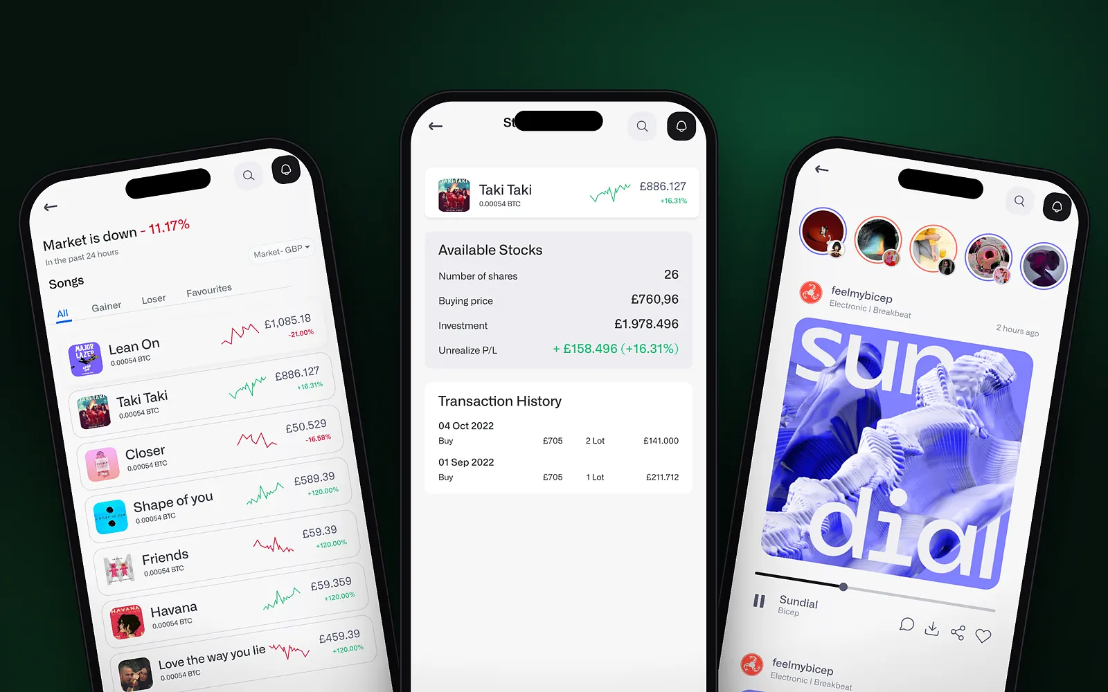 TrackList: market, song detail and community screens on three phones