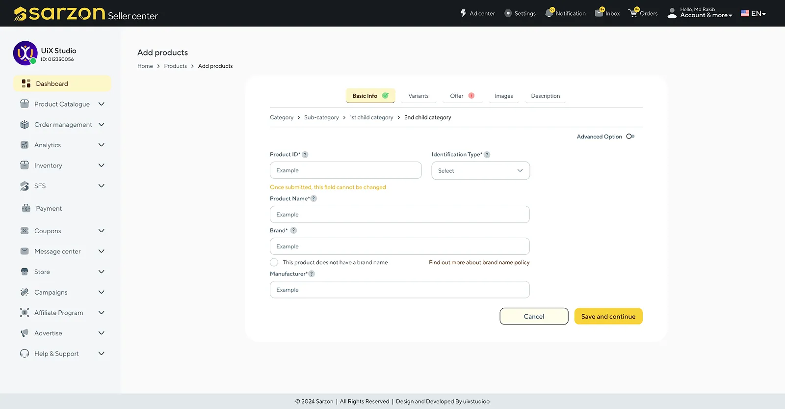 Sarzon: add a product: basic info