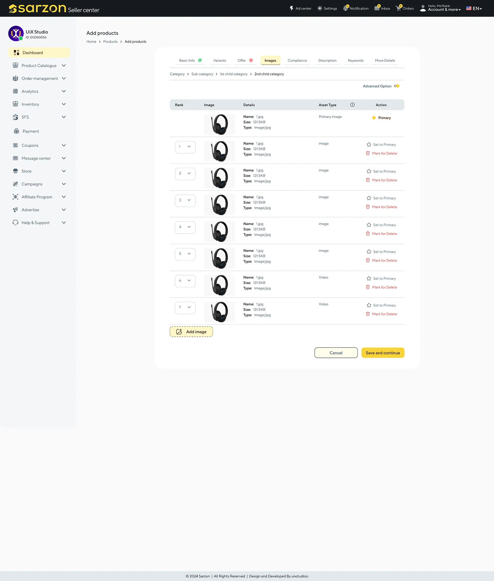 Sarzon: add a product: images