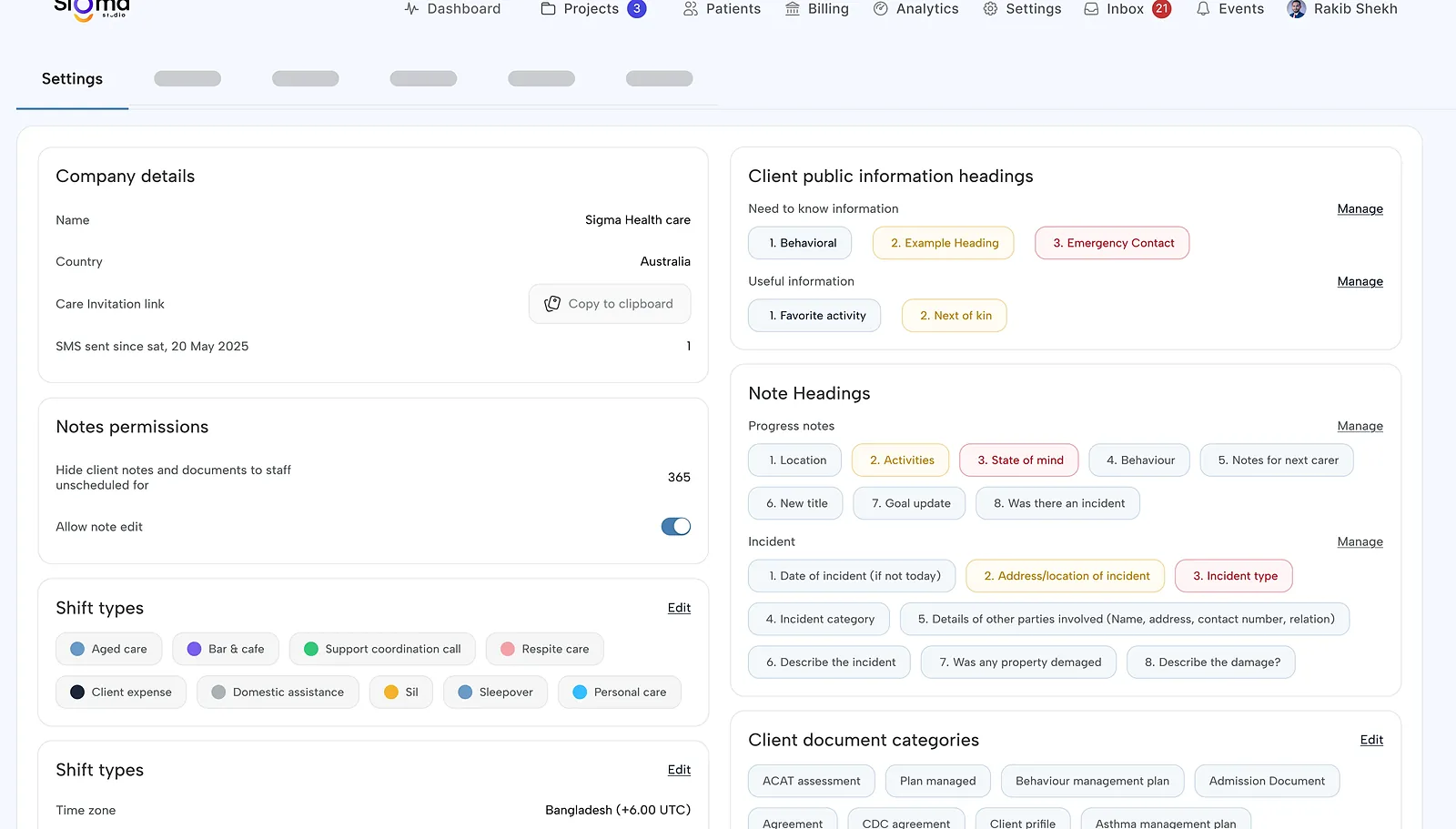 Healthcare workspace settings