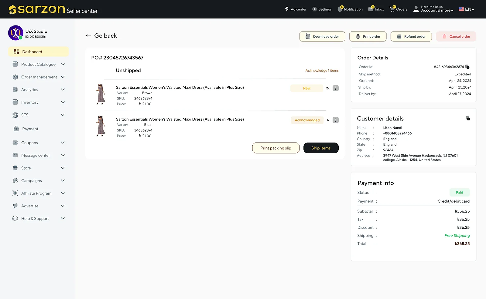 Sarzon: order details