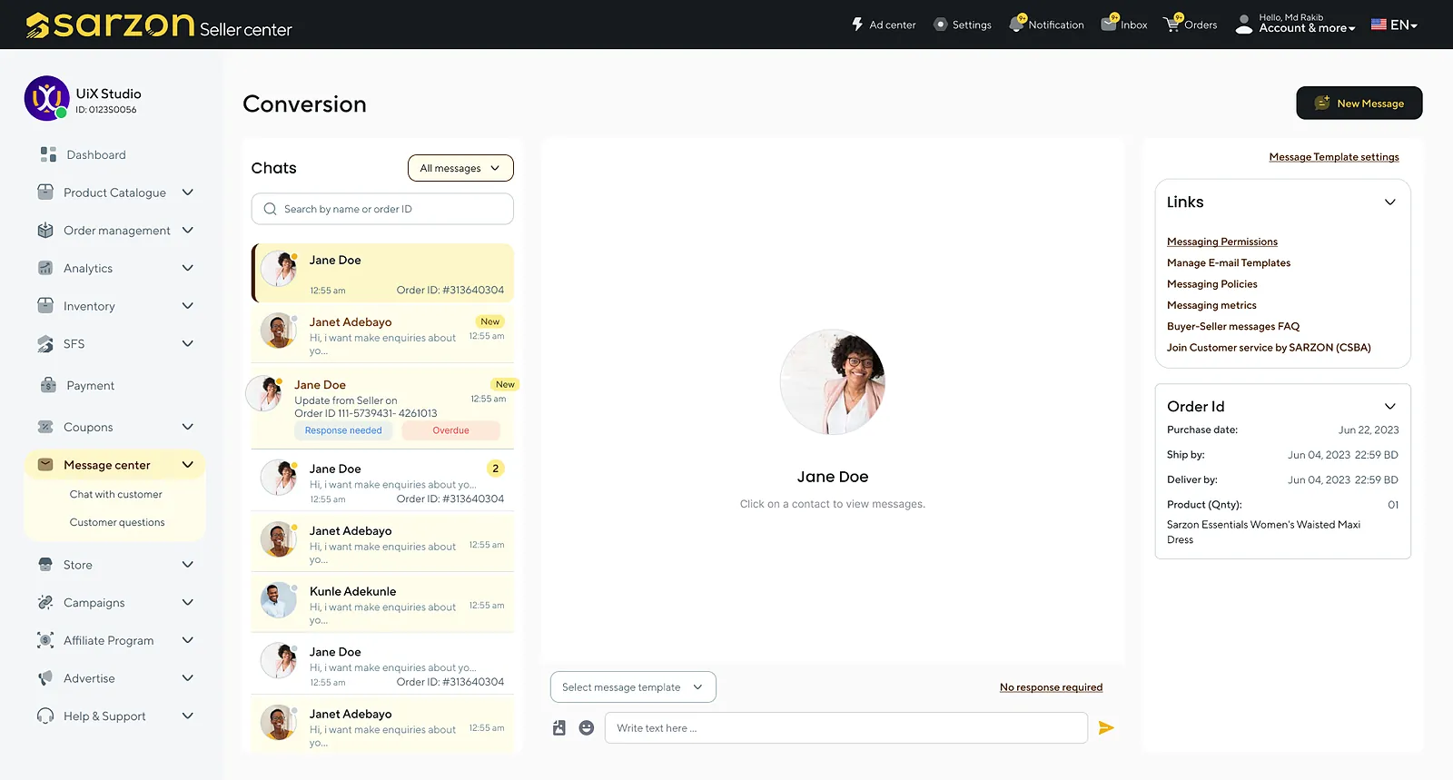 Sarzon: message center conversation