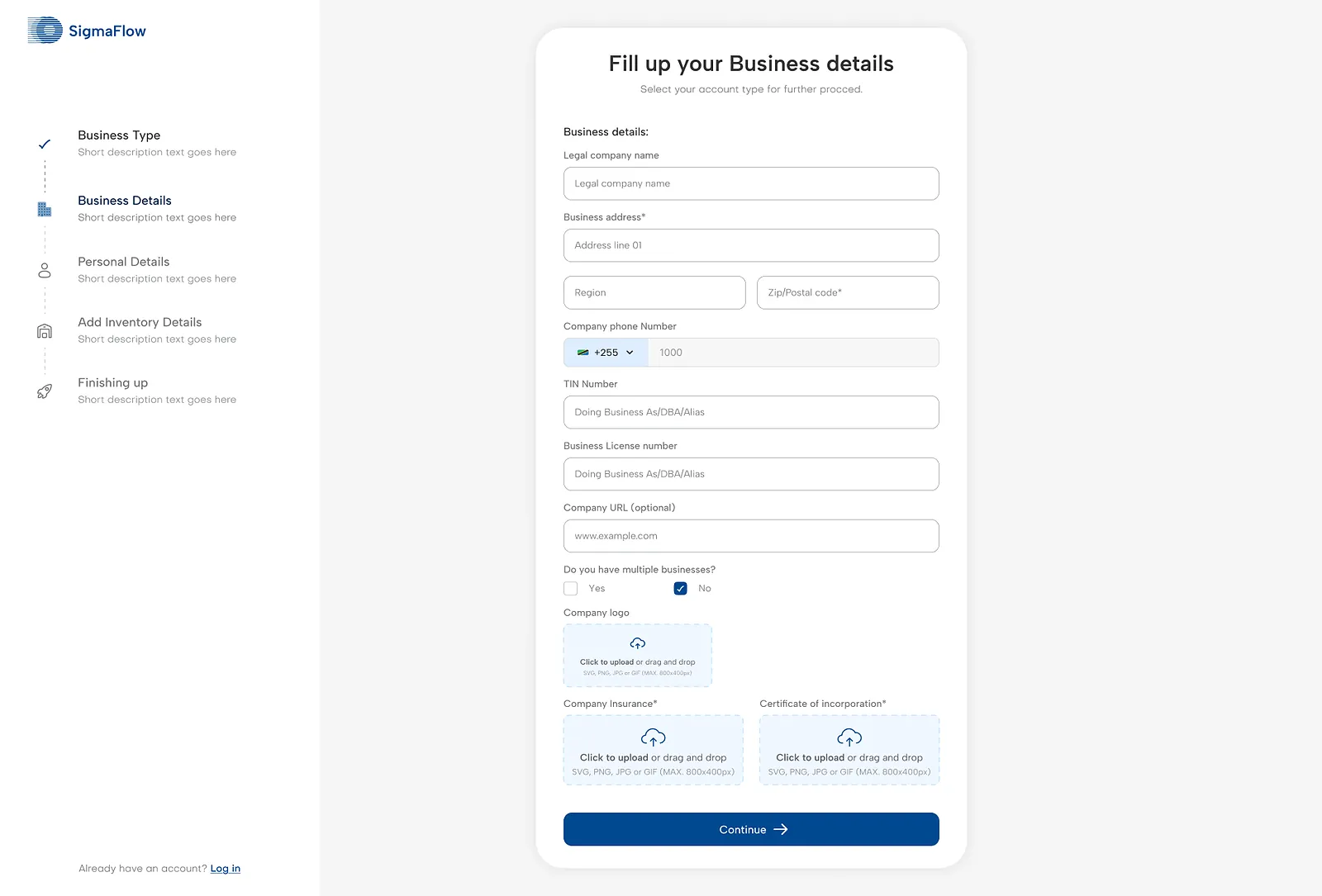 SigmaFlow: business details form