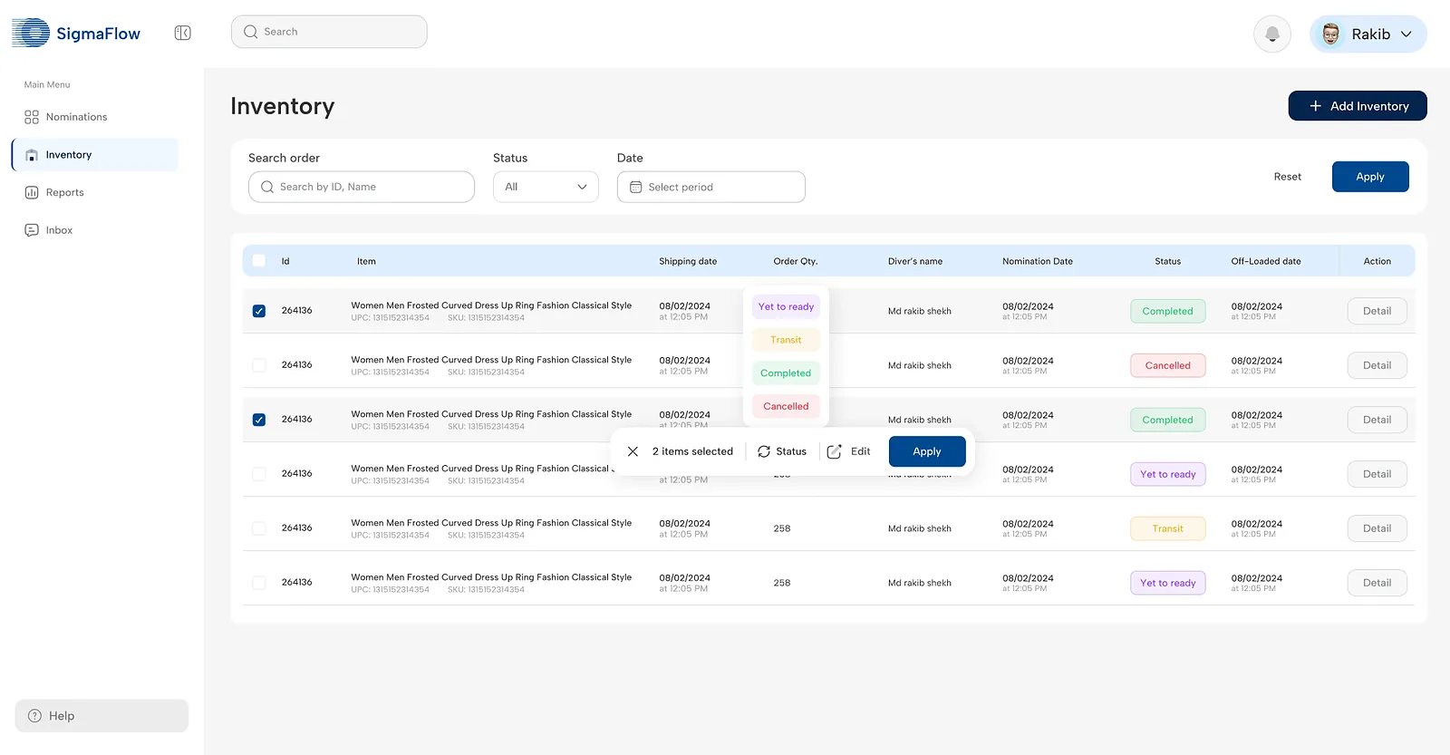 SigmaFlow: inventory with selected rows