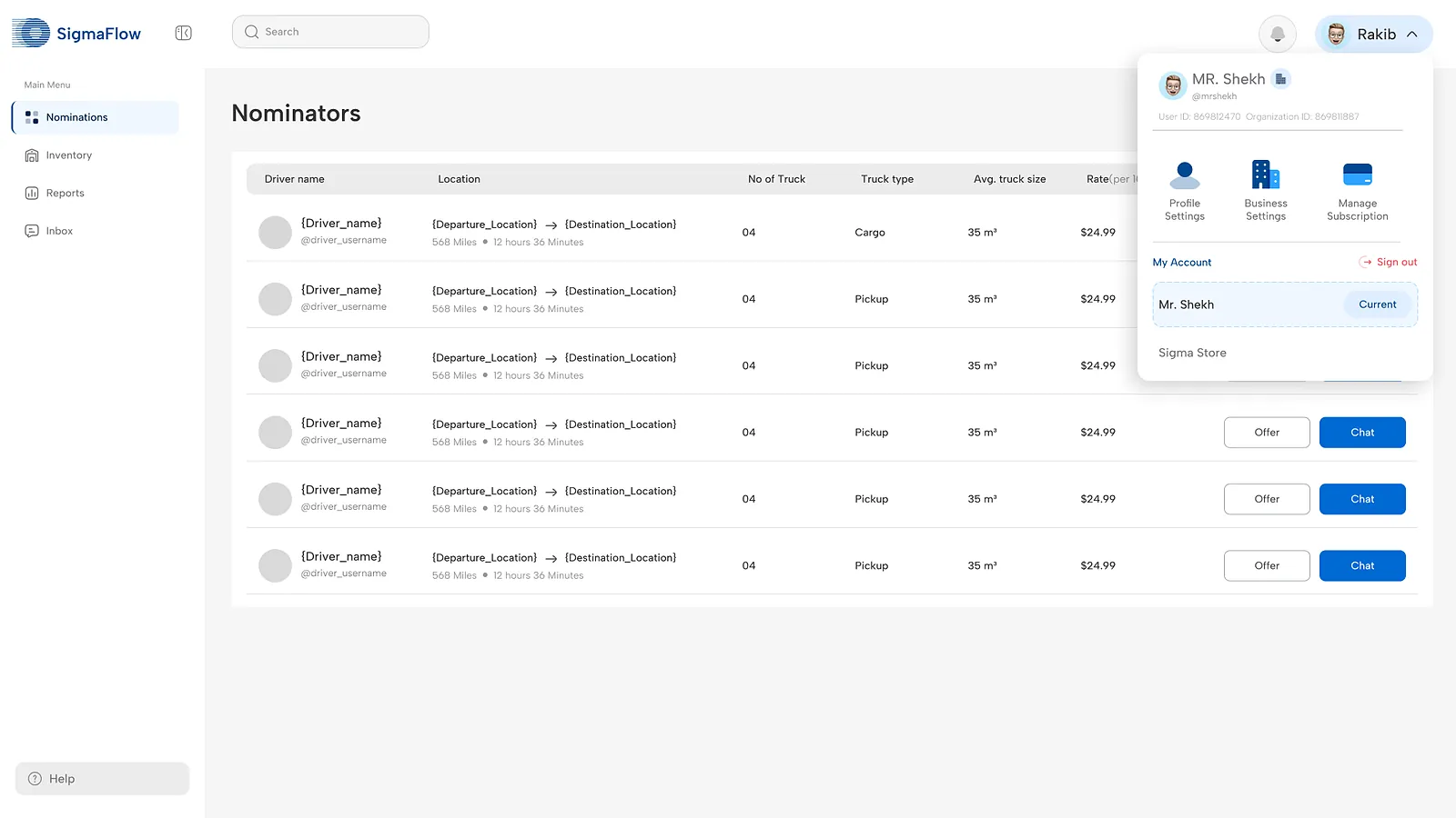 SigmaFlow: account overview pop-up