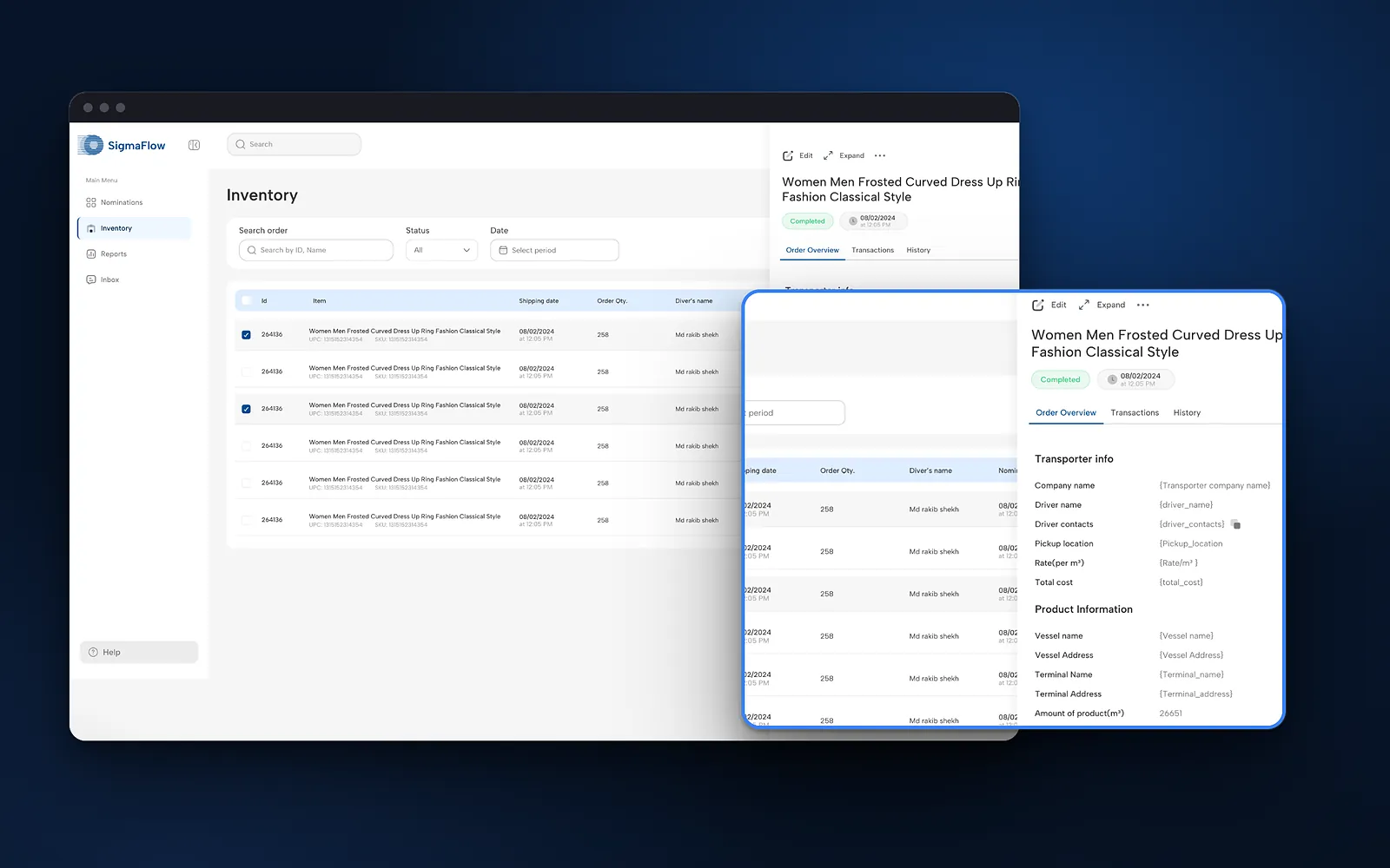 SigmaFlow: the inventory screen with a close-up of the detail panel