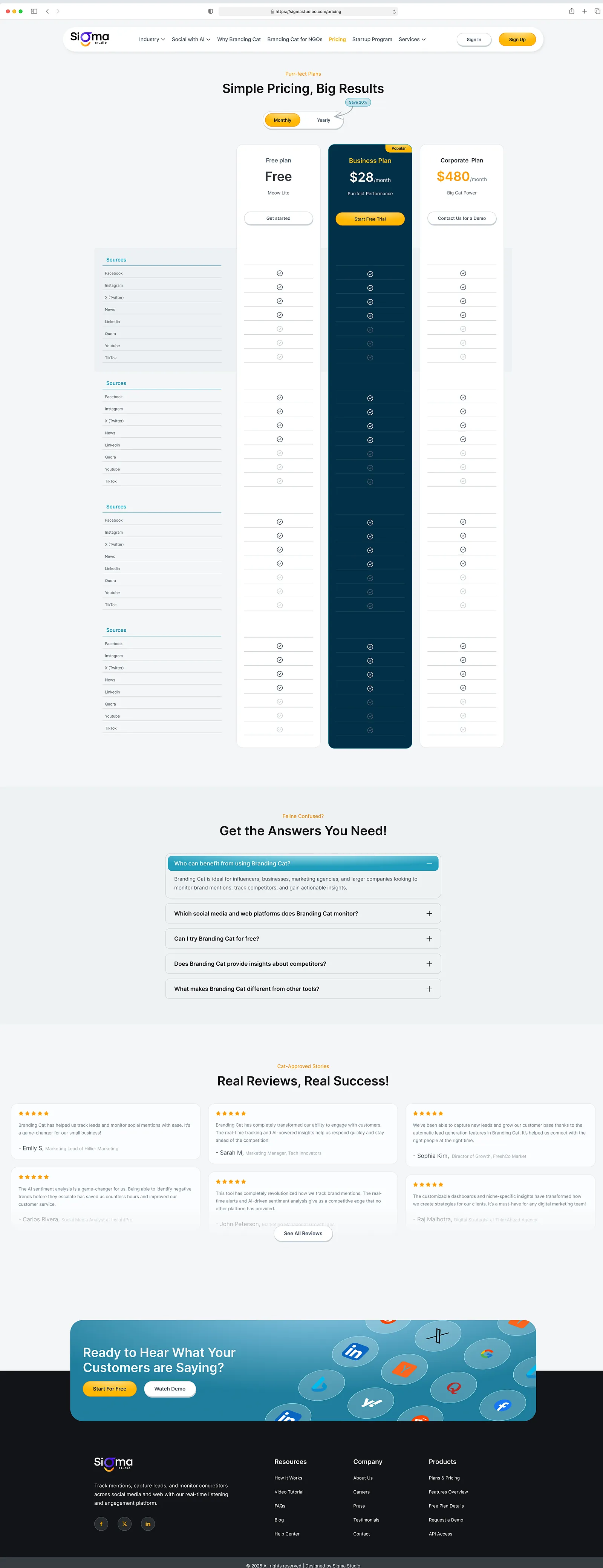 Pricing page, social listening AI